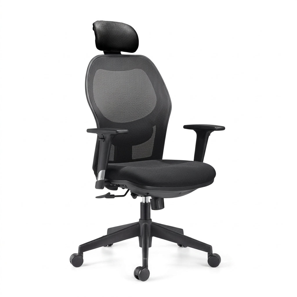 Black mesh executive office chair with adjustable armrests on a white background - RAMA Office Furniture