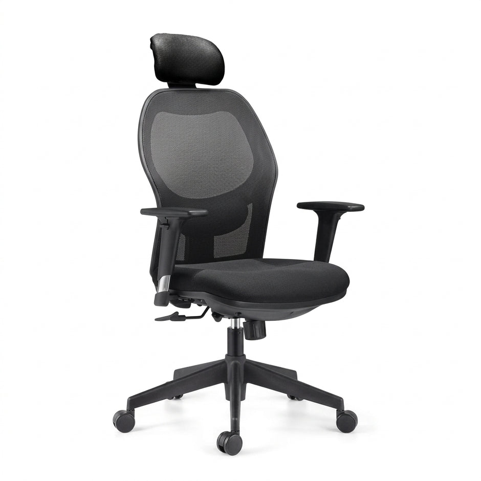 Black mesh executive office chair with adjustable armrests on a white background - RAMA Office Furniture