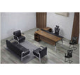 Modern L-shaped executive office set with wood-top desk, mesh office chairs and leather lounge sofa