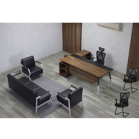 Modern L-shaped executive office set with wood-top desk, mesh office chairs and leather lounge sofa