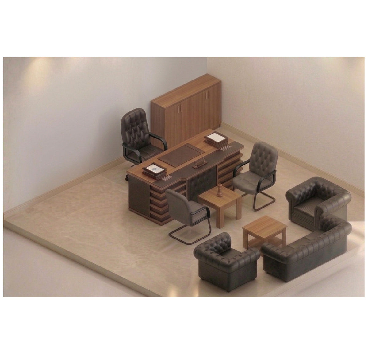 Classic executive manager office set with wood desk, storage cabinet, leather executive chair, visitor chairs and chesterfield leather lounge suite