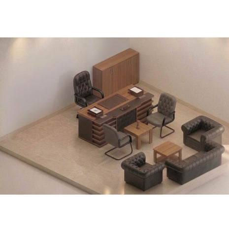 Classic executive manager office set with wood desk, storage cabinet, leather executive chair, visitor chairs and chesterfield leather lounge suite