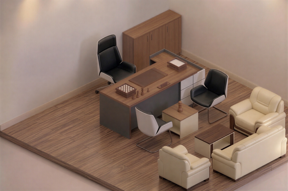 Contemporary executive office set with wood-grain desk, matching storage cabinet, black leather executive and visitor chairs, and a cream leather lounge sofa and armchairs with coffee table - RAMA Office Furniture