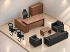 Corner executive office suite with L-shaped walnut desk, matching storage cabinet, black mesh executive and visitor chairs, walnut coffee table, and a black leather 3-seater sofa with matching armchairs - RAMA Office Furniture